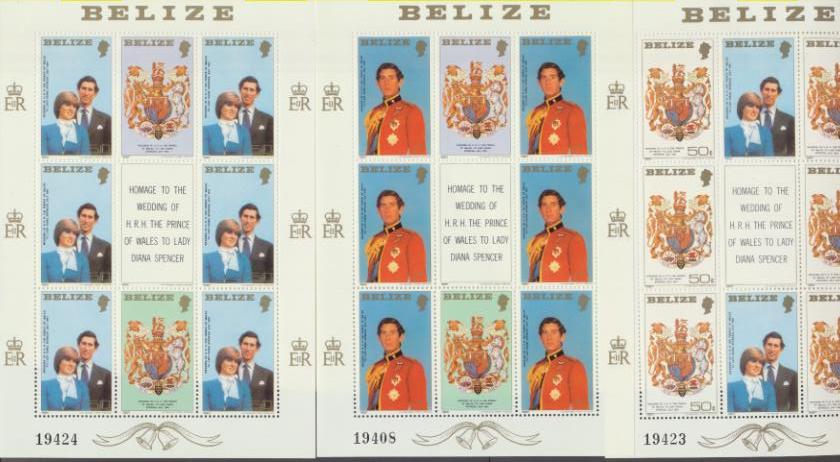 Belize. Belice 1981. Boda Real del Príncipe Carlos con Lady Diana. 3 Hojas bloques **