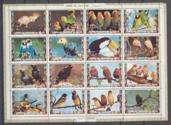 Umm Al Qiwain 1973. Aves Exóticas. Hoja de 16 sellos con matasello