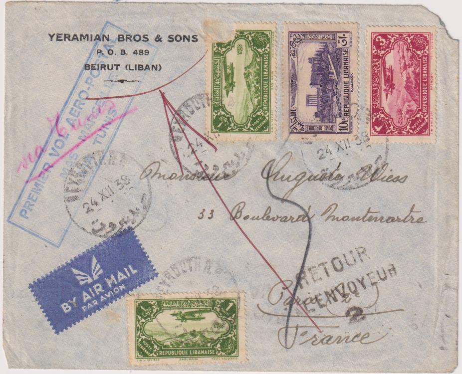 Carta de Beirut a Marsella. Primer Vuelo Aero Postal Damasco-Marsella-Tunis. 24-XII-38