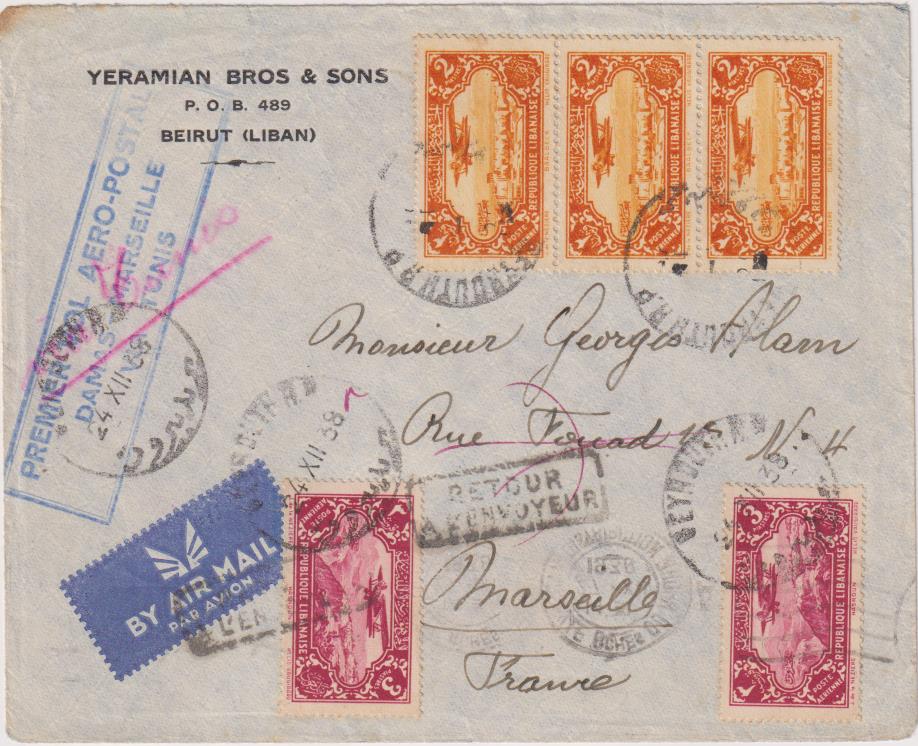 Carta de Beirut a Marsella. Primer Vuelo Aero Postal Damasco-Marsella-Tunis. 24-XII-38. Franqueo y matasellos en dorso