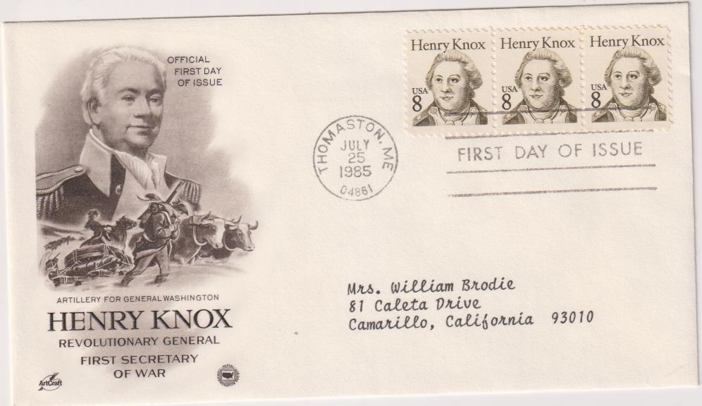 U.S.A. Henry Knox Revolucionary General. First Day of Issue Thomaston Jul. 25-1985