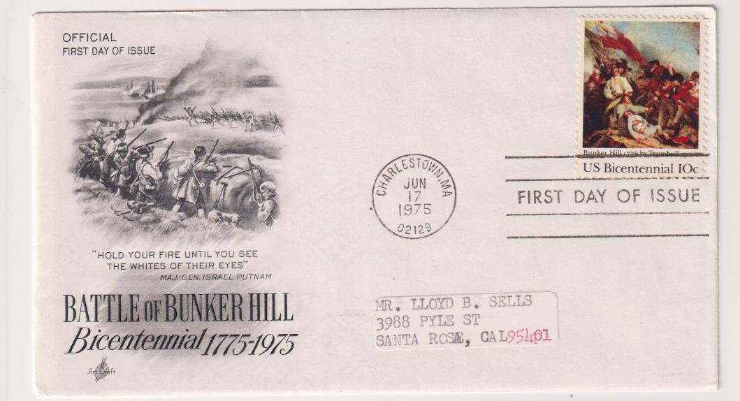 U.S.A. Bicentenario Batalla de Bunker Hill. Sobre Primer Día 17 Jun. 1975