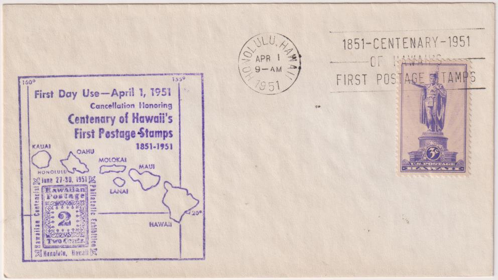 Sobre primer Día. Centenary Hawai´s First Postage Stams. 1851-1951. Honolulu, 1-4-51