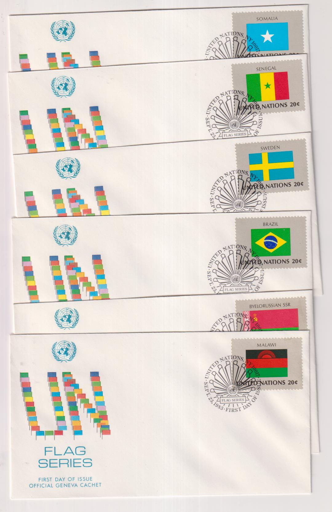 Naciones Unidas. 6 sobres Primer Día. Serie Banderas 1983