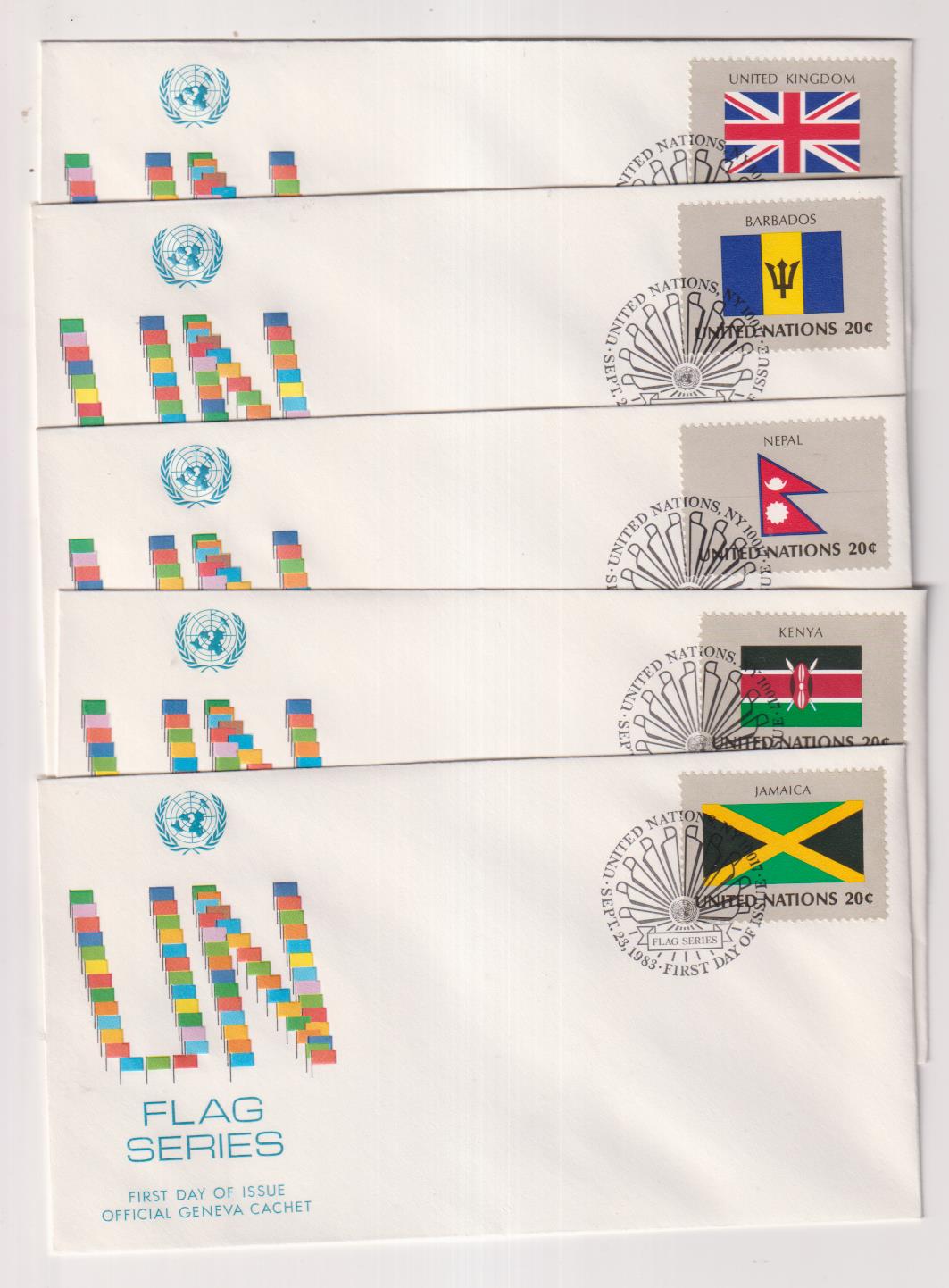 Naciones Unidas. 5 Sobres Primer Día. Serie Banderas 1983