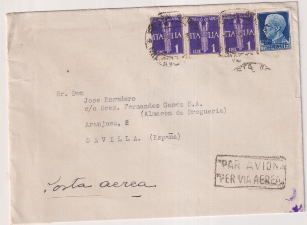 Italia. Sobre de Milán a Sevilla. Posta Aérea del 8 Ago. 1937. Con Tampón: Sevilla Censura Militar