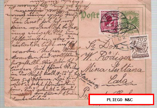 Tarjeta Entero Postal. Austria. De Salzburgo a Mina Sultana-Cala (Huelva) 17-11-1927. Franqueo complementario