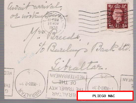 Carta de Londres a Gibraltar. De 28-Nov. 193 con sello nº 211, matasellado con rodillo de Londres y