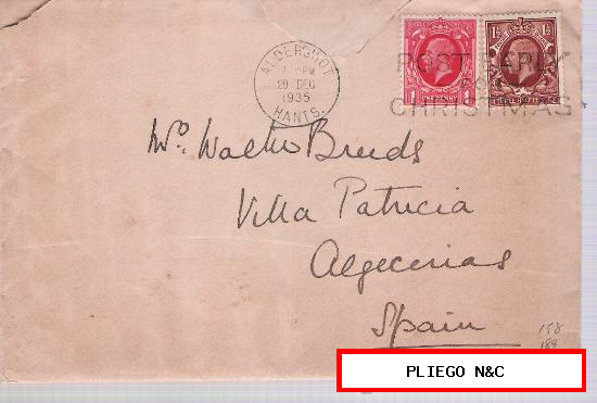 Carta de Hants a Algeciras. Franqueada con los sellos 158 y 189. Matasellada con rodillo de Navidad