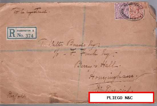 Carta de Londres a Norwich. De 14 Octubre 1931. Matasello de Valores Registrados