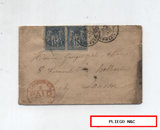 Carta de París a Londres. De 26 Septiembre 1879. Franqueado con dos sellos de 15 c. Tampón de Pagado de Londres en rojo