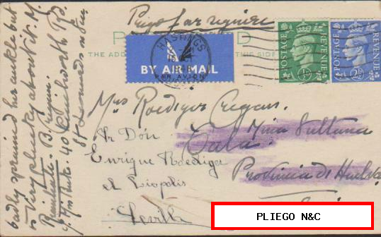Tarjeta Entero Postal Inglesa. De Hastings a Cala (Huelva) Del 15 Oct. 1948