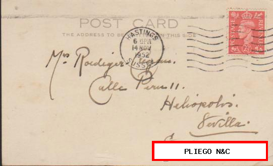 Tarjeta Entero Postal Inglesa. De Hastings a Sevilla. Del 14 Nov. 1952