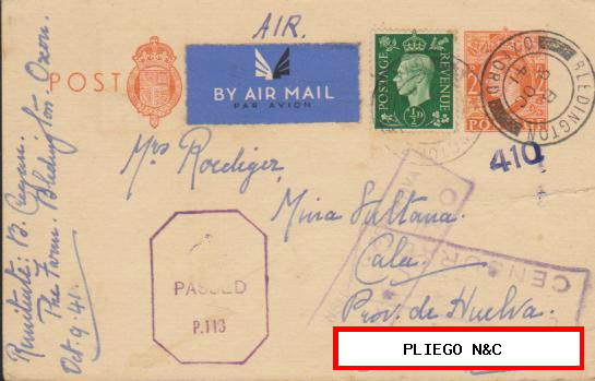 Tarjeta Entero Postal Inglesa. De Bledington a Cala. Del 9 Oct. 1941. Con tres sellos