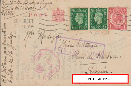 Tarjeta Entero Postal Inglesa. Somerset a Mina la Sultana (Huelva) Del 29 Ene. 1940