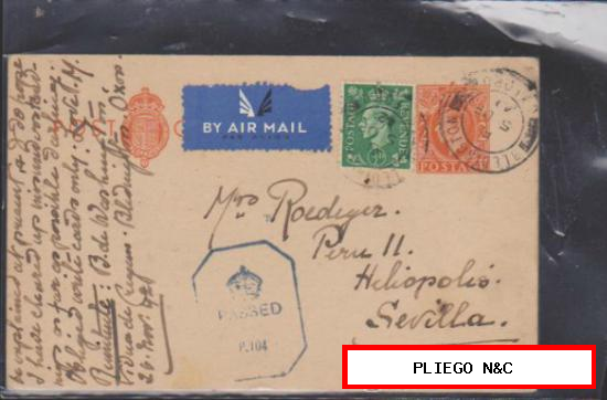 Tarjeta Entero Postal Inglesa. De Bledington a Sevilla. Del 5 Dic. 1942. con Censura