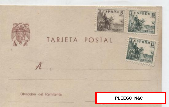 Tarjeta Postal. Franqueada con 1 sello de 5 y 2 de 15 cts.