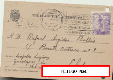 Tarjeta con Membrete de Valencia a Elche del 31 mar. 1942. Con Edifil 922