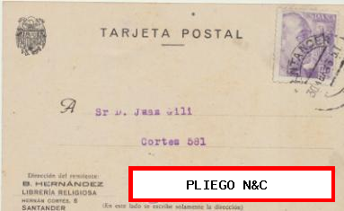 Tarjeta con Membrete de Santander a Barcelona del 30 Abr. 1943. Con Edifil 922. Al dorso sello especial móvil de 25 cts. y tampón