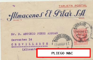 Tarjeta con Membrete de Madrid a Crevillente del 13 Mar. 1944. Con Edifil 964 y Mo-vil 25 cts. rojo al dorso
