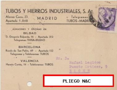 Tarjeta con Membrete de Valencia a Elche del 7 Agos. 1941. con Edifil 922