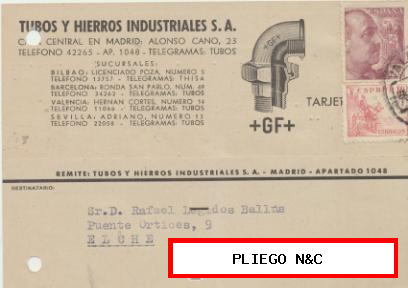 Tarjeta con Membrete de Valencia a Elche del 24 Marz. 1947. con Edifil 917 y 923
