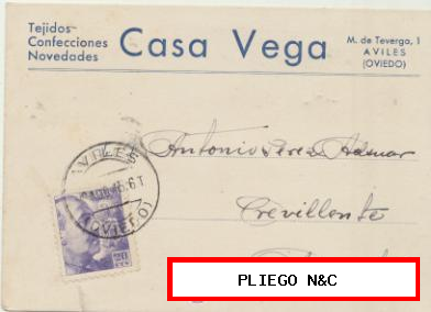 Tarjeta con Membrete de Avilés a Crevillente del 19 Agos. 1945. con Edifil 922