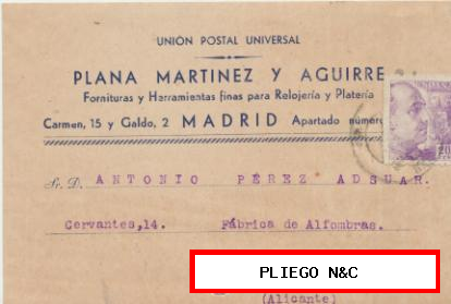 Tarjeta con Membrete de Madrid a Crevillente del 2 Jul. 1943. con Edifil 922 y al dorso Móvil de 25 cts. rojo