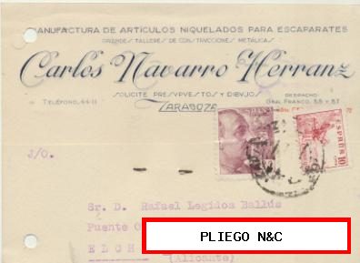 Tarjeta con Membrete de Zaragoza a Elche del 27 Feb. 1947. con Edifil 917 y 923