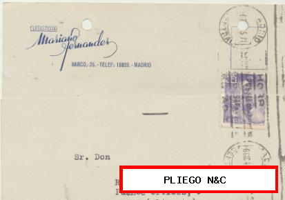 Tarjeta con Membrete de Madrid a Elche del 6 Dic. 1945. con Edifil 922
