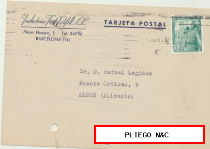 Tarjeta con Membrete de Barcelona a Elche del 7 Jun. 1950. con Edifil 1026