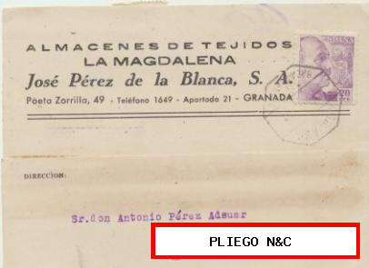 Tarjeta con membrete de Granada a Crevillente del 3 Nov. 1943