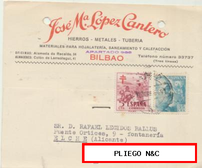 Tarjeta con Membrete de Bilbao a Elche del 10 mar. 1954. con Edifil 1050 y 1103