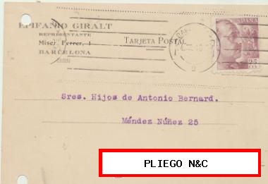 Tarjeta con Membrete de Barcelona a Alicante del 24 Jul. 1946. con Edifil 923
