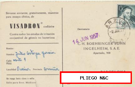 Tarjeta con Membrete de Arzúa a Barcelona del 14 Jun. 1957. Con Edifil 1073