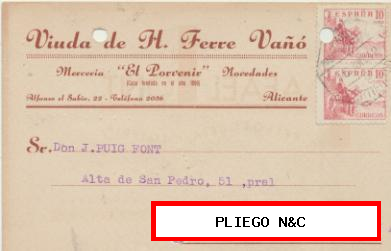 Tarjeta con Membrete de Alicante a Barcelona del 15 Jun. 1942. Con Edifil 917 (2)