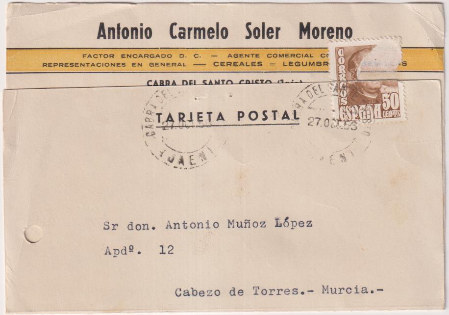 Tarjeta Postal con membrete de Carretera de Espinardo a Cabezo de Torres del 27 Oct. 1956