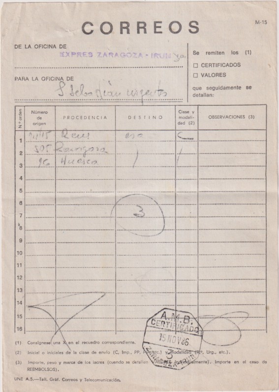 Correos. De la oficina de Express Zaragoza-Irún Para La oficina S. Sebastián Urgentes. FEchador A.M.B. Certificado 15 Nov. 1936. Zaragoza-Irun