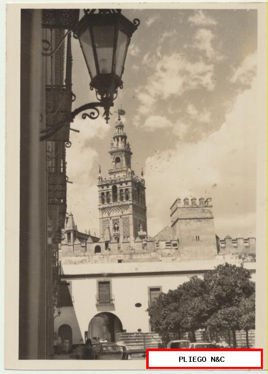 fotografía (9x12) giralda desde el patio banderas. Fotógrafo Agudelo. Años 60-70
