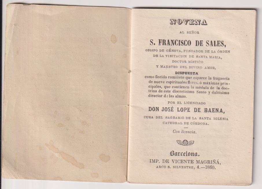 Novena al Señor S. Francisco de Sales por D. J. Lope de Baena. Barcelona 1860
