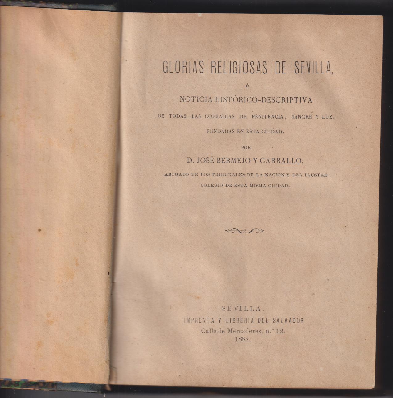 Glorias Religiosas de Sevilla por D. José Bermejo y Carballo. Imprenta del Salvador 1882. MUY RARO ASÍ