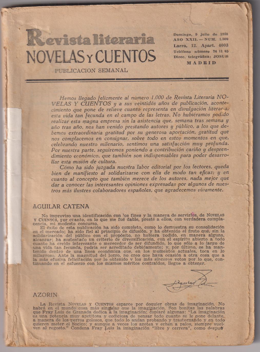 Revista Literaria Novelas y Cuentos nº 1000. Novelas Ejemplares. Cervantes, Año 1950