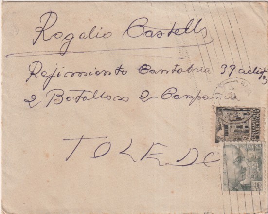 Sobre de Barcelona a Regimiento Cantabria 39 (Cioclista) 2º Batallón 2ªCompañía Toledo. Con 40 Cts. de Franco y sello del ayuntamiento Barcelona 1943