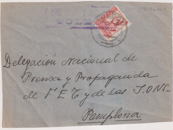 Frontal de Carta de Toledo a pamplona (D. N. de Prensa y Pro. de FET y delas JONS) de marzo de 1937. Con Censura Militar de Toledo