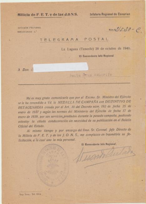Milicia de F.E.T. y de las J.O.N.S. Jefatura Regional de Canaria. Telegrama Posta de 1940