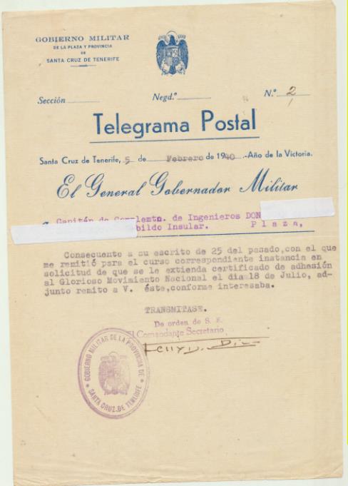 Gobierno Militar de Santa Cruz de Tenerife. Telegrama Postal 1940