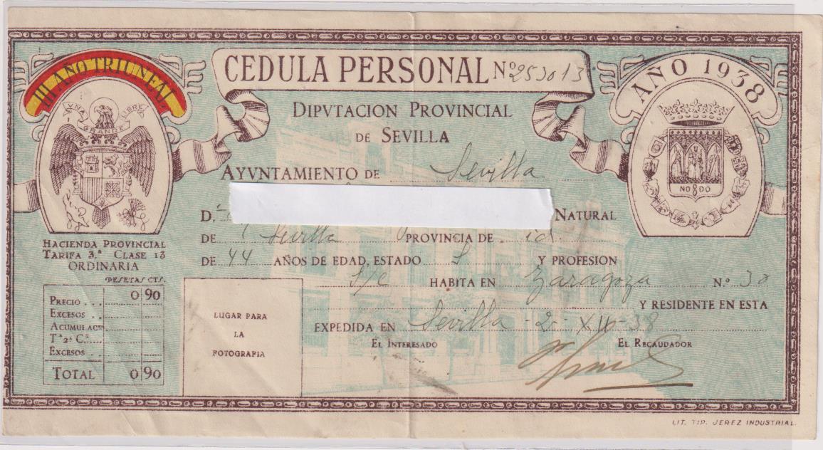 Cédula Personal. Diputación Provincial, Sevilla 1938
