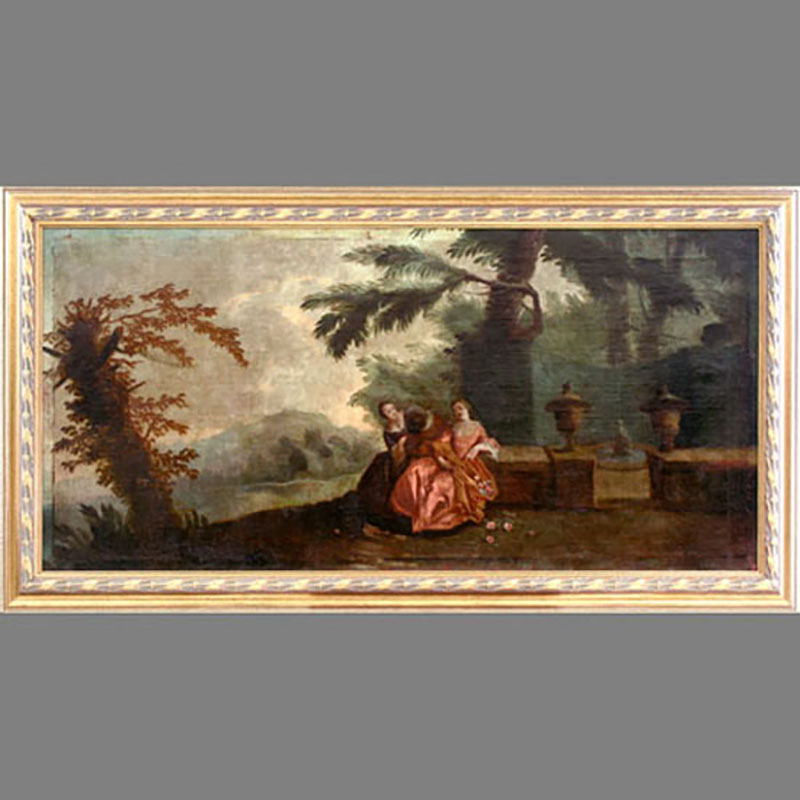 Escuela alemana (Siglo XVIII). Pareja: Dos elegantes damas descansando en un parque y Tres damas junto al lago