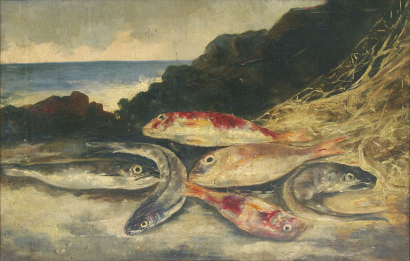 Escuela Española. Siglo XIX. Orilla del mar y pescados