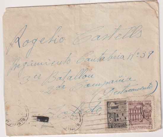 Sobre de Barcelona a R. C. Regimiento Canabria nº 39, 3er Batallón, 2ª Compañía. (destacamento) Toledo de 1941